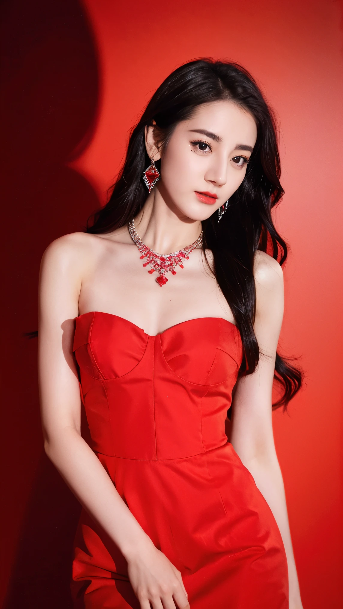 masterpiece, best quality, 1girl, aqua eyes, black hair, closed mouth, earrings, multicolored background, hoop earrings, jewelry, looking at viewer, long hair, outdoors, solo, upper body, alluring, clean, beautiful face, pure face, pale skin, sexy pose, navel,((luxury dress))