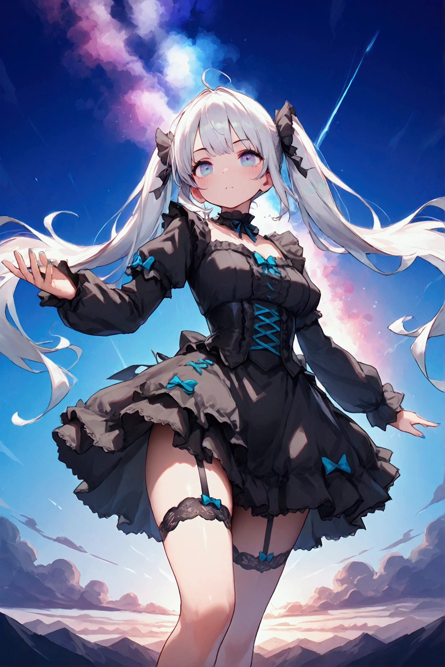 (1girl),gothic,twintails,white hair, organza lace,Gorgeous and fussy clothes,gothic, flying, blue, (colorful), bold strokes, gradient blends, motion blur, shimmering textures, dynamic composition, atmospheric perspective, impressionistic, , (masterpiece), (best quality), Amazing, (beautiful detailed eyes), (finely detail), Depth of field, extremely detailed CG, original, extremely detailed wallpaper, (vivid colors), cinematic lighting,  (colorful), blush,