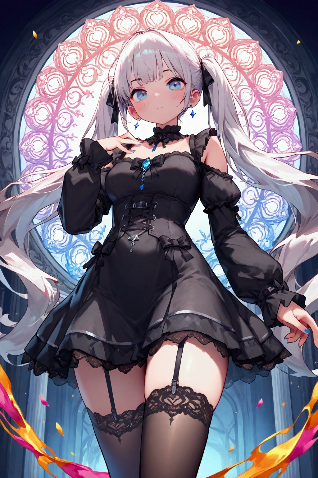 (1girl),gothic,twintails,white hair, organza lace,Gorgeous and fussy clothes,gothic, flying, blue, (colorful), bold strokes, gradient blends, motion blur, shimmering textures, dynamic composition, atmospheric perspective, impressionistic, , (masterpiece), (best quality), Amazing, (beautiful detailed eyes), (finely detail), Depth of field, extremely detailed CG, original, extremely detailed wallpaper, (vivid colors), cinematic lighting,  (colorful), blush,