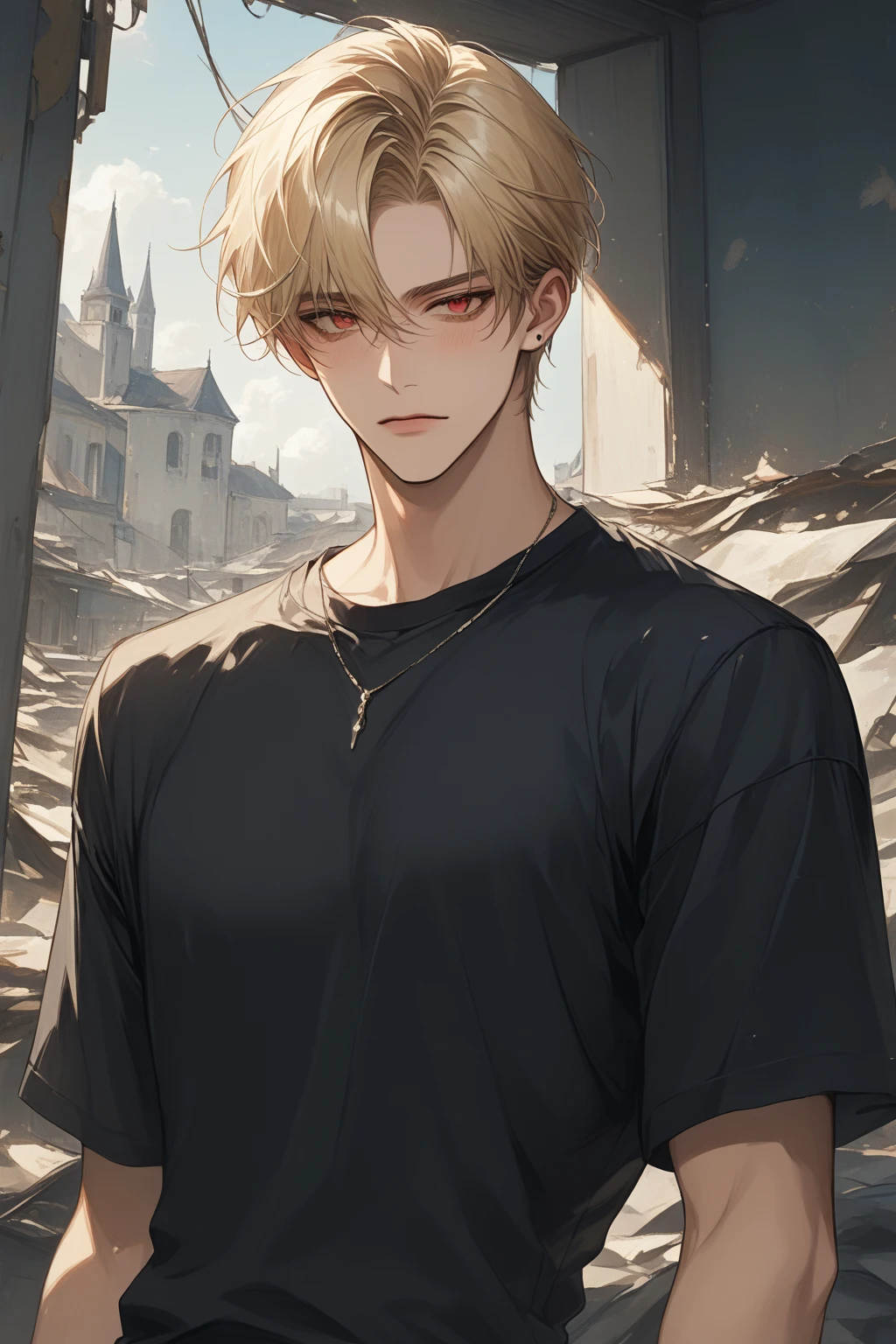 (score_9, score_8_up), short hair, masterpiece, best quality, 1 man , blonde hair , perfect face , red eye , handsome male , Blush, Alone, adult male , delicate line drawingimpasto, masterpiece, high resolution, Top quality, unique , 1 male , nice , tanned skin , blonde haired, black shirts, an abandoned building