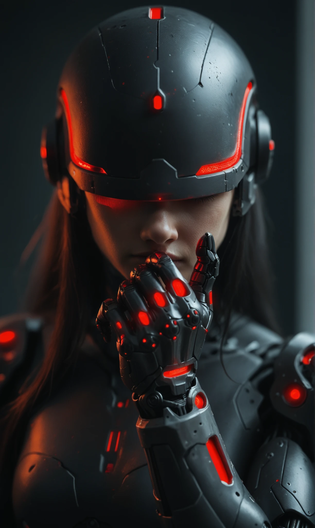 score_9, score_8_up, score_7_up,, 1girl, upper body, cyborg, no face helmet, clenching hand, looking at own hand, black hair, long hair, upper body, red and black cyborg armor,   mcnm, red glow,  , mate black, dark mood,