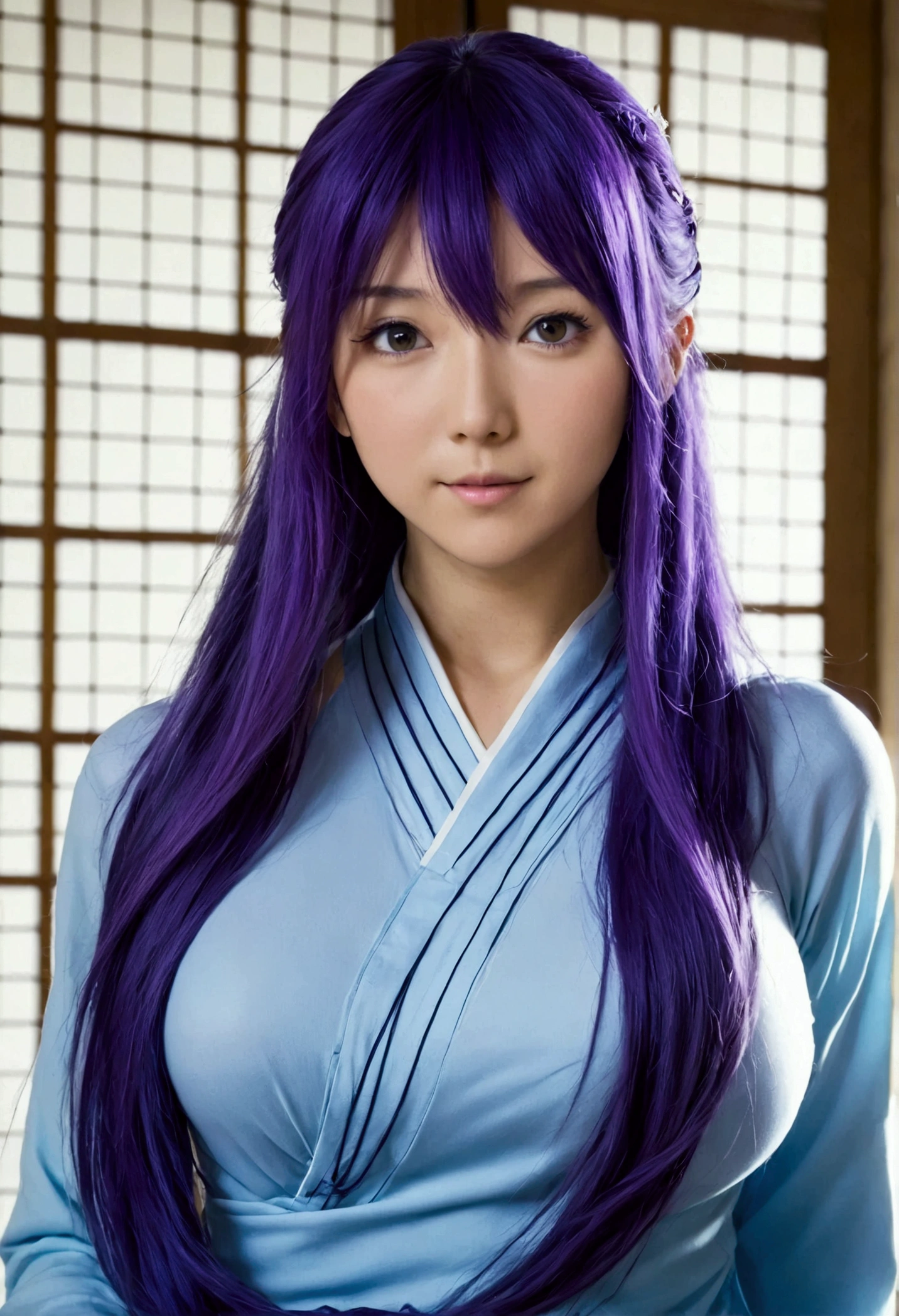 Generate a image of a samurai with 3 swords, a purple robe, and blue and purple hair, sitting besides a beautiful scenery in nature with a water fall
