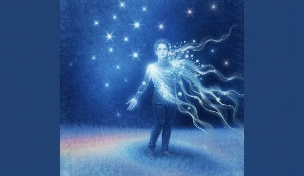 Line painting of a man with long hair and a star in the sky,  Digital art by Anna Füssli, [girl, Modern and educational painting , A line drawing of a man with a long hair and a star in the sky with a low light ,  Energy flowing and flowing , Star Spirit , Star Appearance ,  Angelic light Painting of a man with a long hair and a star in the sky ,  Conceptual Illustration Magic Highlight ,  Magical Energy gently rotating  ,  Energy diffused in the air 