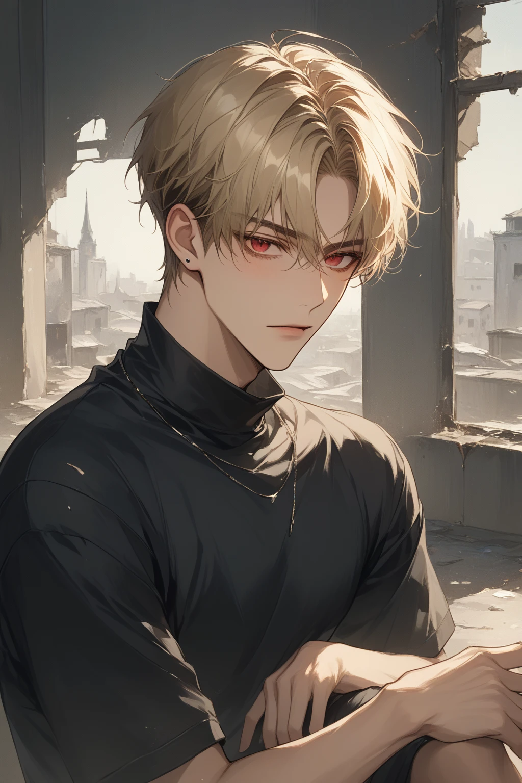 (score_9, score_8_up), short hair, masterpiece, best quality, 1 man , blonde hair , perfect face , red eye , handsome male , Blush, Alone, adult male , delicate line drawingimpasto, masterpiece, high resolution, Top quality, unique , 1 male , nice , tanned skin , blonde haired, black shirts, an abandoned building