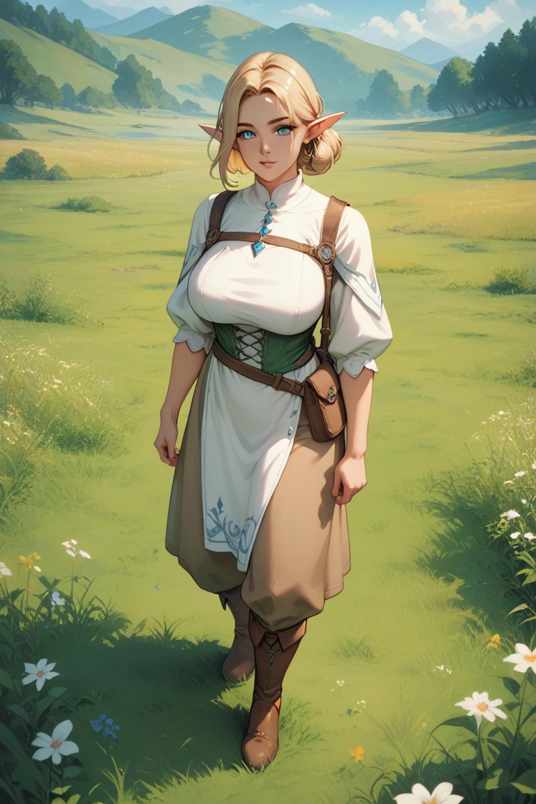 Blindfolded blonde girl, light lilac sale, blonde hair tied up, Caucasian skin, fraja, brown cloak, grama verde, cloudy sky background and grassy hills, medieval art style, showing her plump breasts, wearing a white regatta