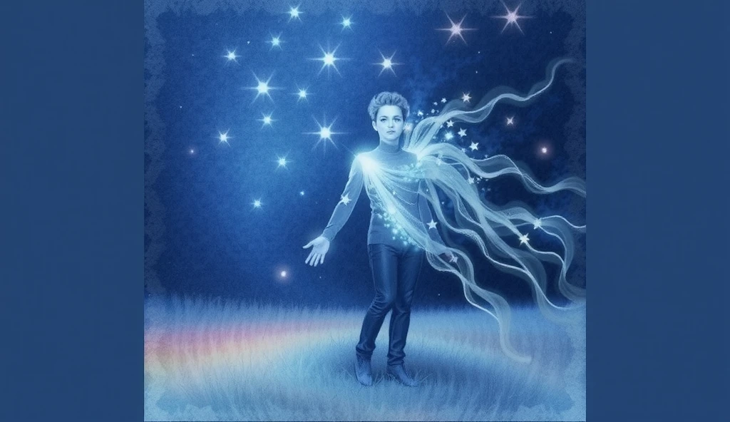 Line painting of a man with long hair and a star in the sky,  Digital art by Anna Füssli, [Blurred face , Modern and educational painting , A line drawing of a man with a long hair and a star in the sky with a low light ,  Energy flowing and flowing , Star Spirit , Star Appearance ,  Angelic light Painting of a man with a long hair and a star in the sky ,  Conceptual Illustration Magic Highlight ,  Magical Energy gently rotating  ,  Energy diffused in the air 。 The background is a starry sky。