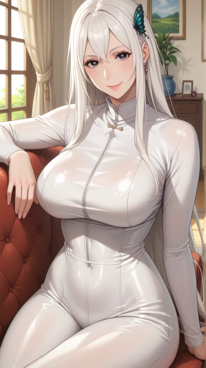 ((masterpiece)), ((best quality)) (ultra-detailed), (1girl, solo, mature female, large breasts, narrow waist, wide hips, sitting, couch, living room, looking at viewer, smile, Echidna from rezero, butterfly hairpin, black pupils, white eyelashes, white hair, latex skin tight bodysuit