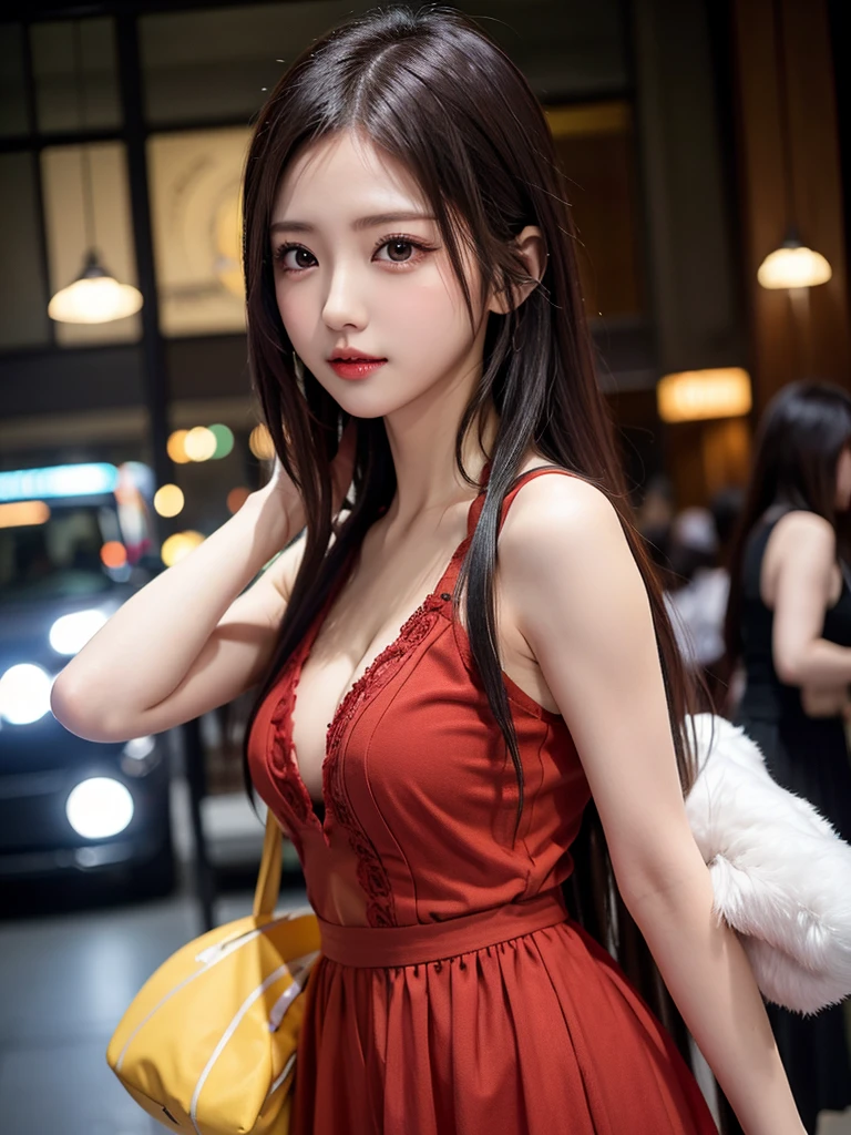 1girl, Tokyo street,night, cityscape,city lights, upper body,close-up, 8k, RAW photo, best quality, masterpiece,realistic, photo-realistic,headgear of red rose, parted bangs, long hair,