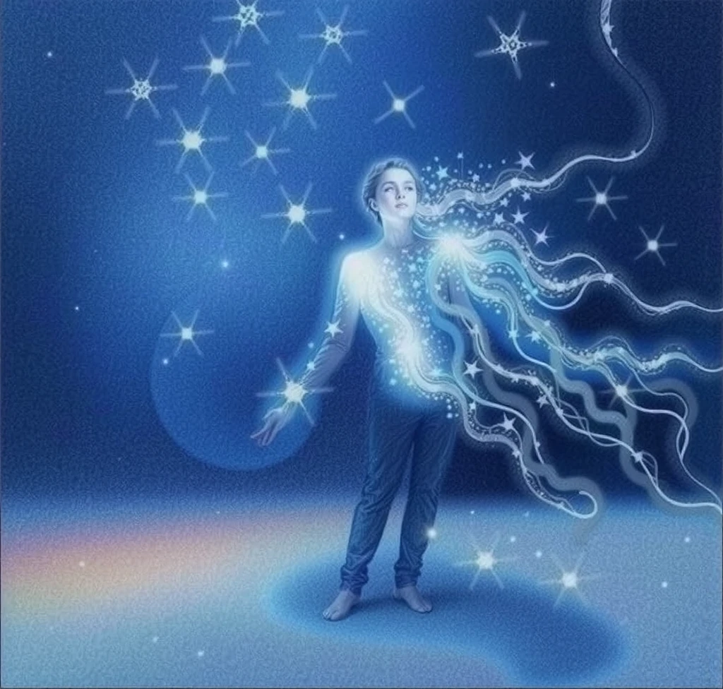 Line painting of a man with long hair and a star in the sky,  Digital art by Anna Füssli, [girl, Modern and educational painting , A line drawing of a man with a long hair and a star in the sky with a low light ,  Energy flowing and flowing , Star Spirit , Star Appearance ,  Angelic light Painting of a man with a long hair and a star in the sky ,  Conceptual Illustration Magic Highlight ,  Magical Energy gently rotating  ,  Energy diffused in the air 