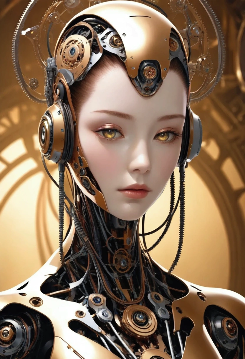 jxkc, This is a very detailed CGI rendering depicting a future robot full of human features, carefully crafted with metal and organic elements. Make it have a smooth, futuristic appearance. Its body is segmented, with each segment adorned with complex gears, wires, and metal wires. He has a pair of sparkling eyes on his head, adding a touch of sci-fi charm. The body is transparent, allowing people to see the complex mechanical operations below and emit a soft, ethereal glow. The background is a smooth gradient beige color, and the overall style blends steampunk and high-tech aesthetics, combining mechanical precision with organic form. The image is highly polished and detailed, emphasizing light and shadow, creating depth and realism. This work is a striking example of digital art that blends science fiction and nature in a visually stunning way.,