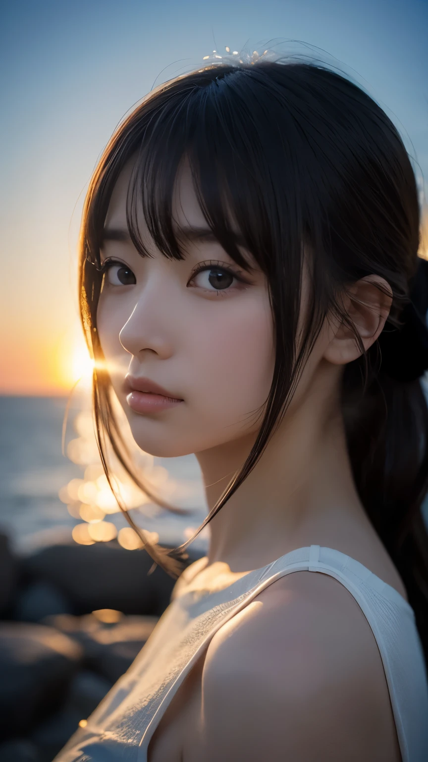 ((Japanese beautiful girl)), Delicate skin, Detailed Description, Beautiful Eyes, Calm scenery, Beautiful beach with a promenade, Fluffy white clouds in a blue sky, The sound of waves crashing on the shore, A summer breeze carrying the scent of the season, Bright sunlight emitting a warm glow, Smiling Girl, Flowing Hair, (Highest quality, 4K, 8K, High resolution, masterpiece: 1.2), Very detailed, (Realistic, Realistic, Realistic: 1.37), Detailed facial features, Beautiful attention to detail, Beautiful lip detail, Very detailed目と顔, Long eyelashes, Calm, quiet, peaceful, Idyllic, Warm colors, Golden Hour Lighting, Cinematic, dream-like, Nostalgia, landscape, Natural light