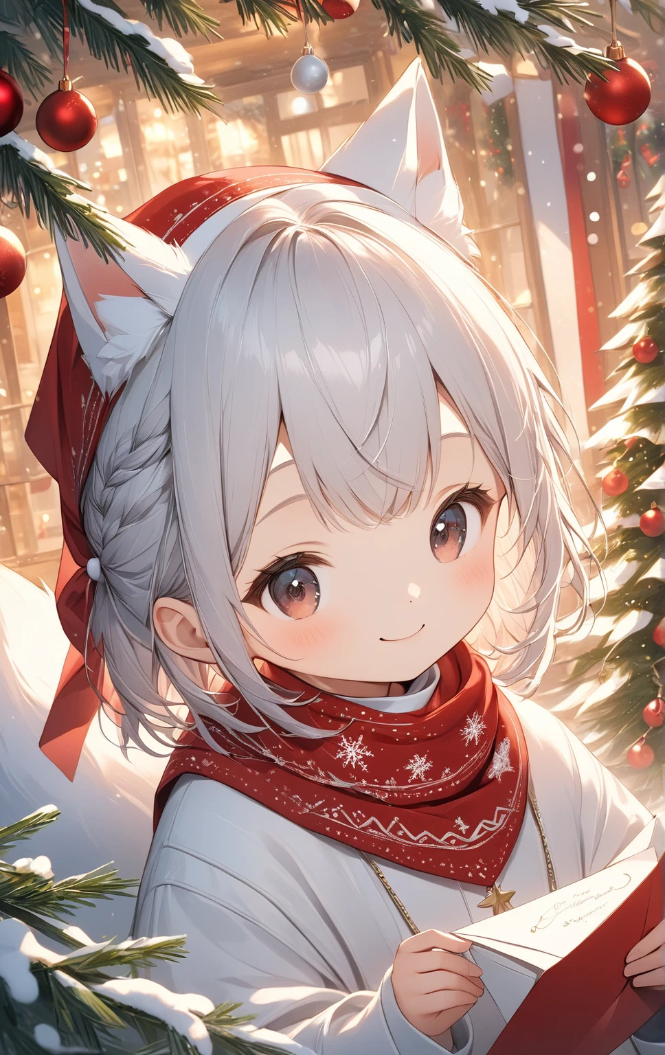   masterpiece :1.2， top quality，        high res    ，8ｋ，   christmas illustration，Christmas food   ，    white baby fox  ，   A letter with a small red bandana wrapped around the neck  、cute,   Priest  ,      Details，    professional photography，   happy expression，  Christmas Winter Scenery  ，