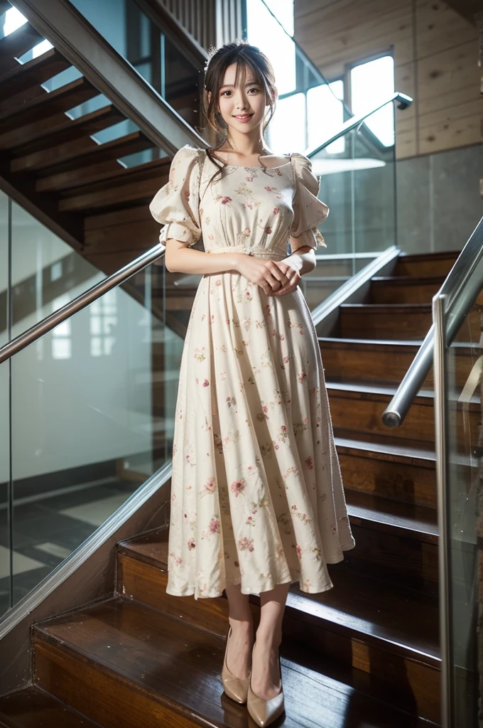  Japanese model woman in dress is standing on the stairs,  wearing a long floral dress , rococo ruffle dress, Art Nouveau dress ,  expensive voluminous dress ,  is wearing a long dress,  Modest Loose Gown ,  a dress that covers the whole body , Rococo Dress, Grape Dress、 looking at camera、 Detailed Beautiful Eyes 、 cute smile、 a soft and gentle expression 、The background is a deep forest