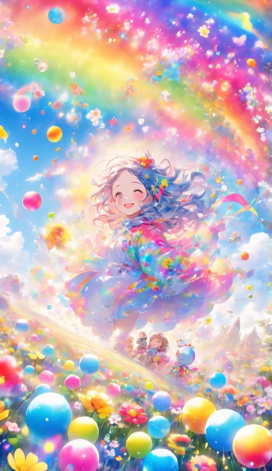 (In the morning, the sky is dyed in bright blue, with flowers in full bloom (flora:1.0).
BREAK
In the park, children are playing with smiles (children's emotion:1.0), and families are happily having a picnic (families' emotion:1.0).
BREAK
Lovers are holding hands (lovers' gesture:1.0) and talking happily (lovers' emotion:1.0).
BREAK
In the center of such a park, a large rainbow-colored balloon (centerpiece:1.0) is floating.:1.5)