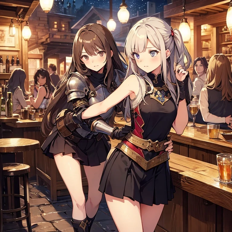 A group of female medieval fantasy adventurers, (in tavern), various hair styles, harem, night, details face, short skirt, seducing, sleeveless, armor, multiple girls, witch, priestess