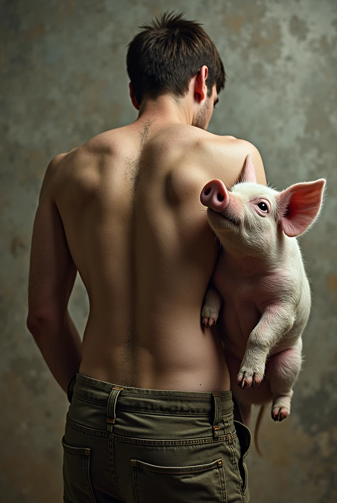 Half-pig human, naked, showing cock