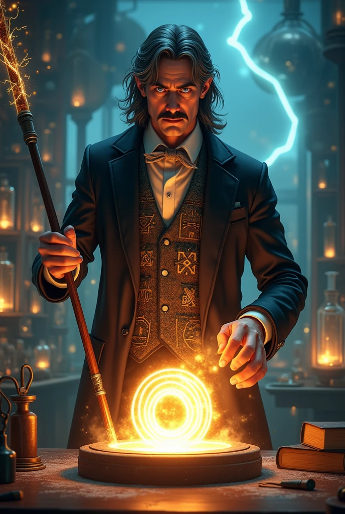 Create a creative and imaginative image of a master craftsman wearing yellow work clothes and proficiently using various tools. Set him in an unconventional and fantastical workshop, such as a steampunk-inspired studio with intricate gears and mechanical wonders, or a magical realm where tools come to life with enchanting powers. Infuse the image with elements of innovation and creativity, showcasing his expertise in a unique and captivating environment. Capture the spirit of craftsmanship and imagination, creating a visually striking and imaginative scene.