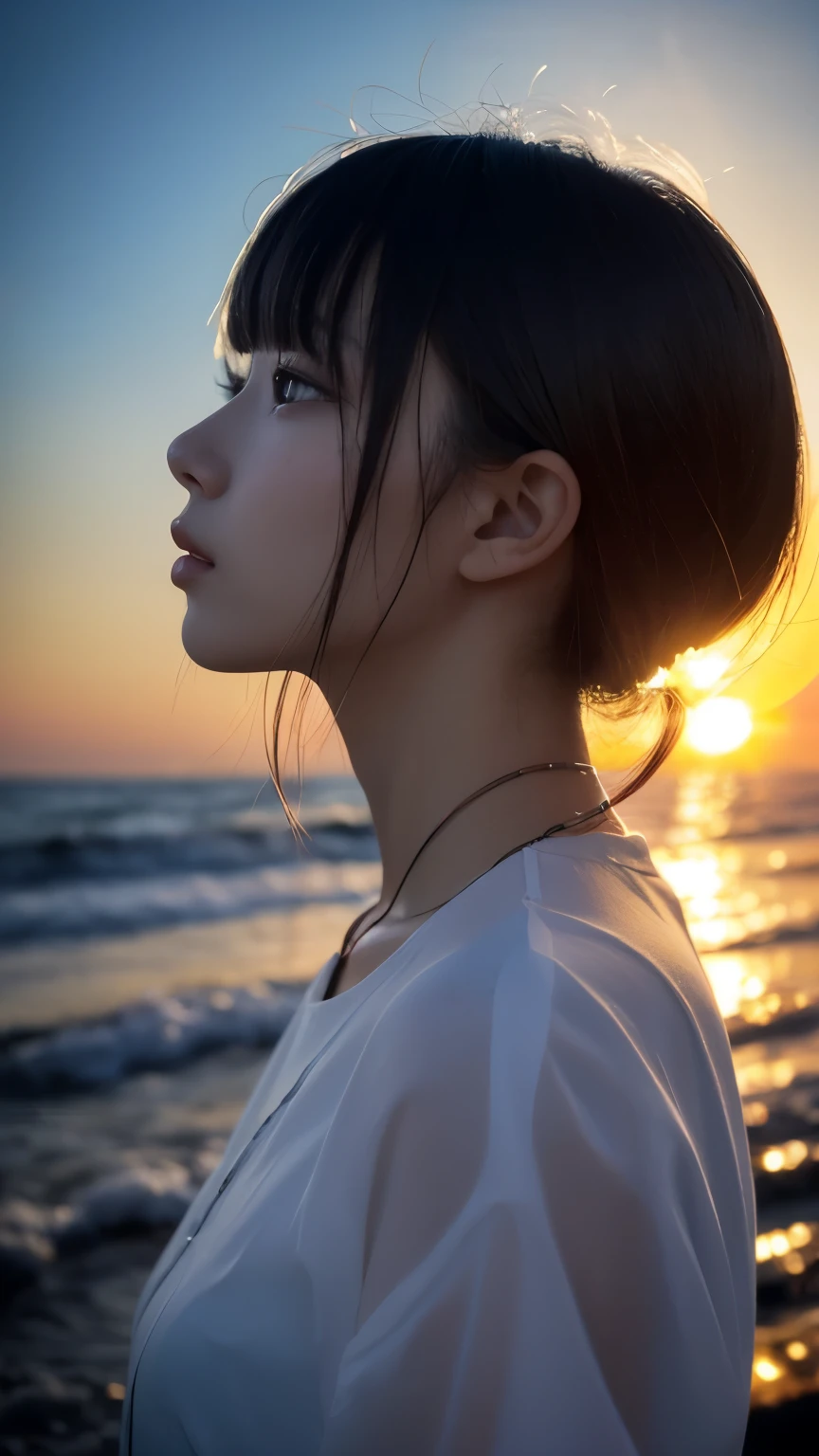 Arafed woman standing on the beach looking at the sunset - SeaArt AI