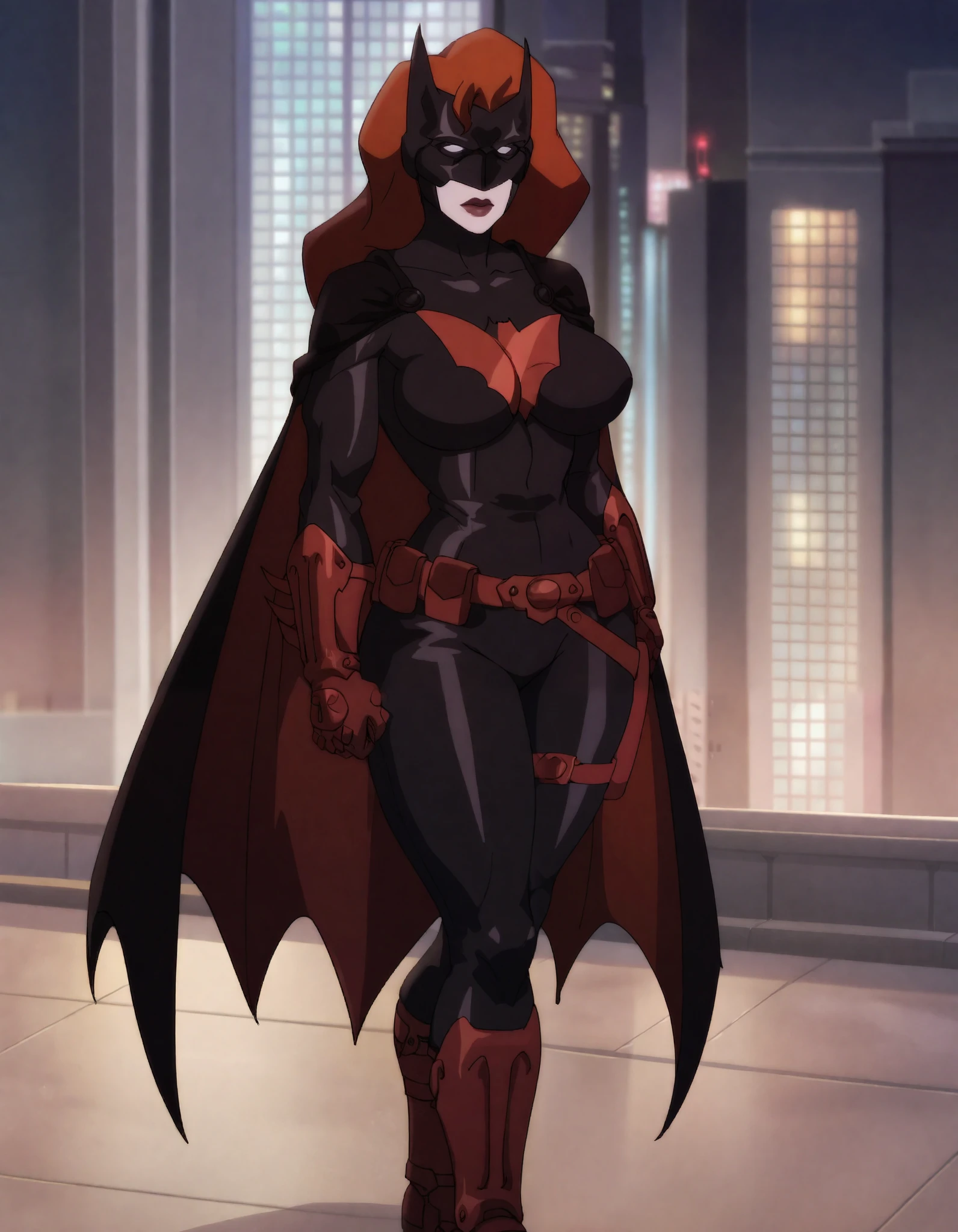 score_9, score_8_up, score_7_up, 
Batwoman, pale skin, long hair, red hair, black bodysuit, lipstick, mask, white sclera, bat cape, red bat gloves, red belt, upper body, Muscles, Huge Breasts, Huge Butt, Huge Thick Thighs, Wife Hips, Cyberpunk Gothic city Background, full body view,