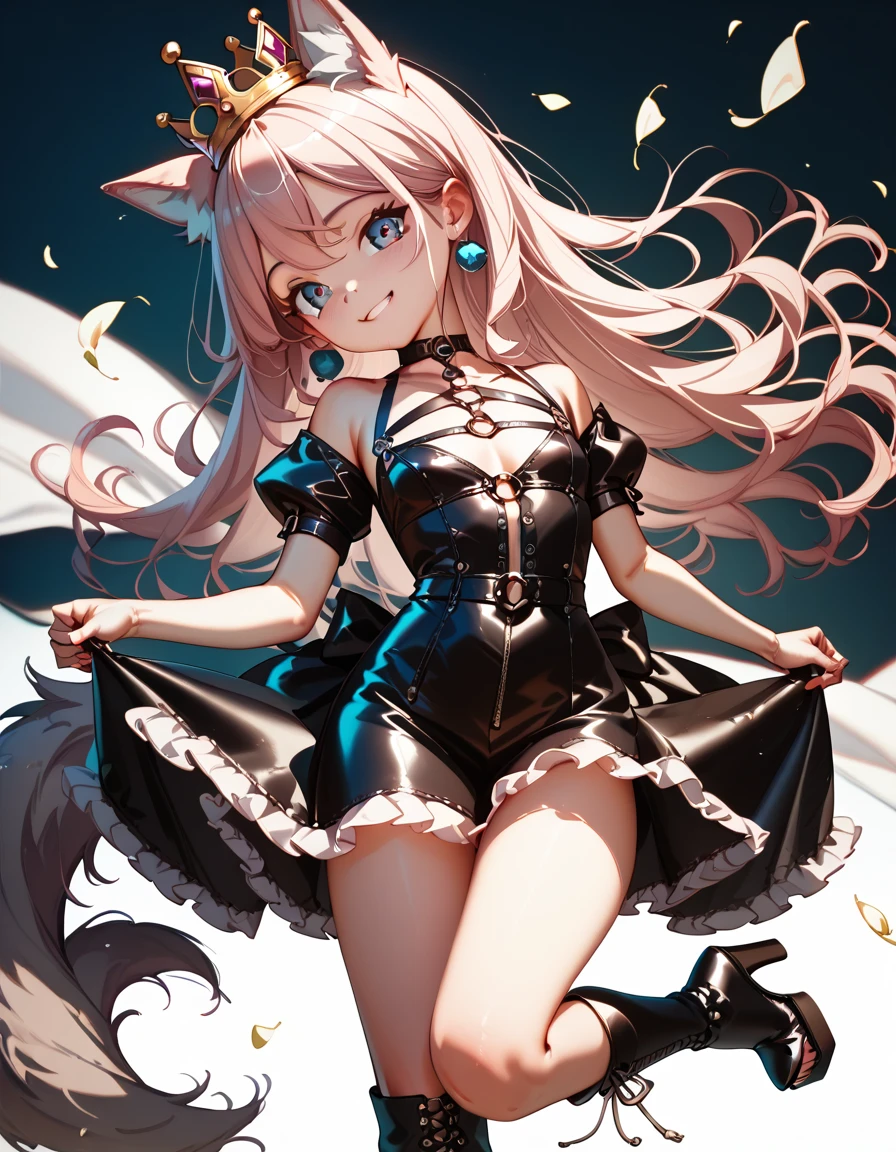   high image quality、  High Quality  、 petite girl、  big eyes、Droopy eyes、smile、pure、 crown、 wolf ear、 wolf tail 、 blondes、 Platform Boots、 princess、  leather bondage dress