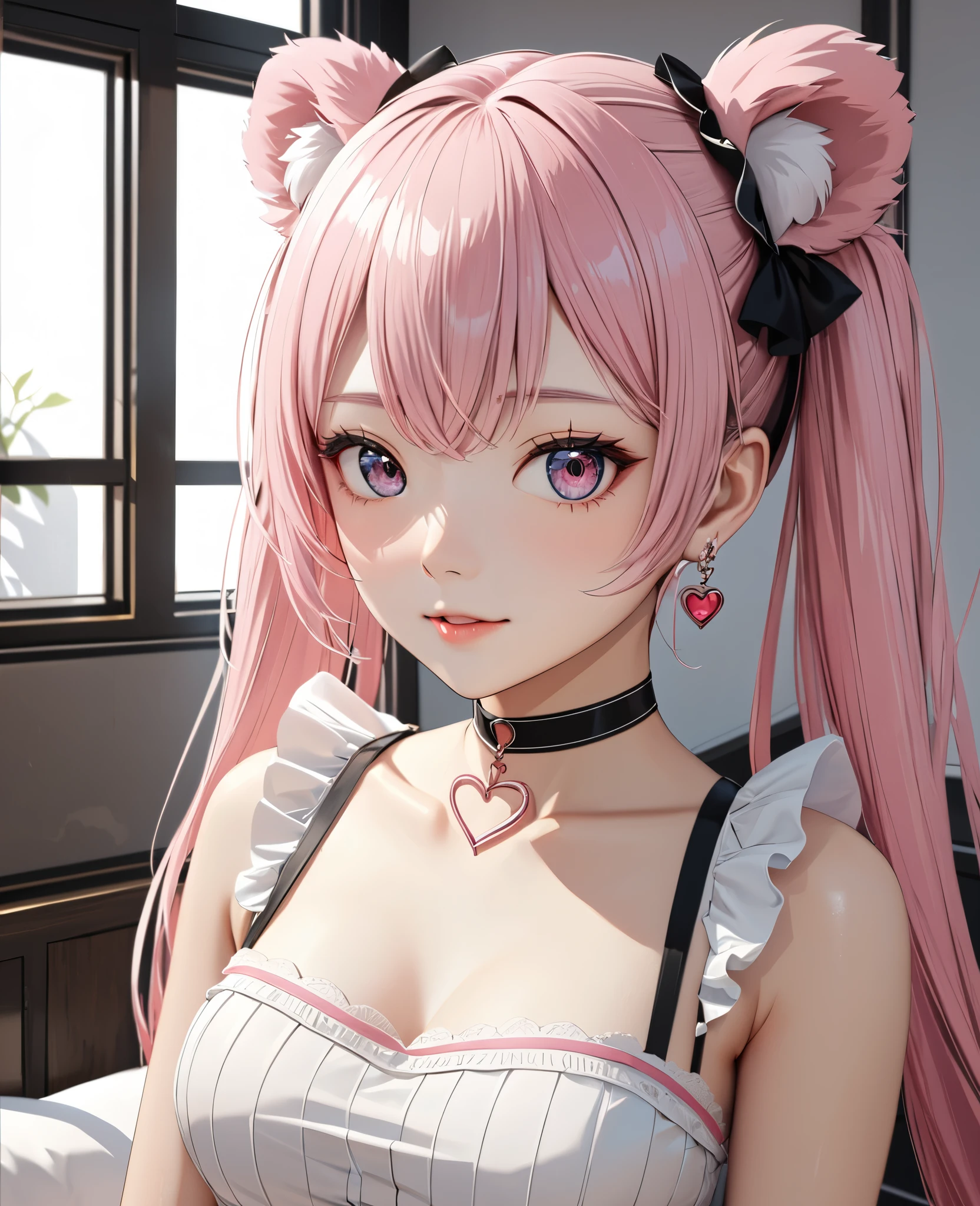 striped hair,pink twintail hair, Hello,  mole under eye, mole under mouth, heart shaped eyes, long eyelashes, pink eyes, heart shaped choker、Full body Esbian、look at the audience、shy, blush, teeth, ear blush, nose blush,anime style, color field paint, ray tracing, bloom, one person&#39;perspective, nffsw, award-winning, 16k, 最high quality, advanced details, high quality, table top, High resolution, Accurate, Super detailed