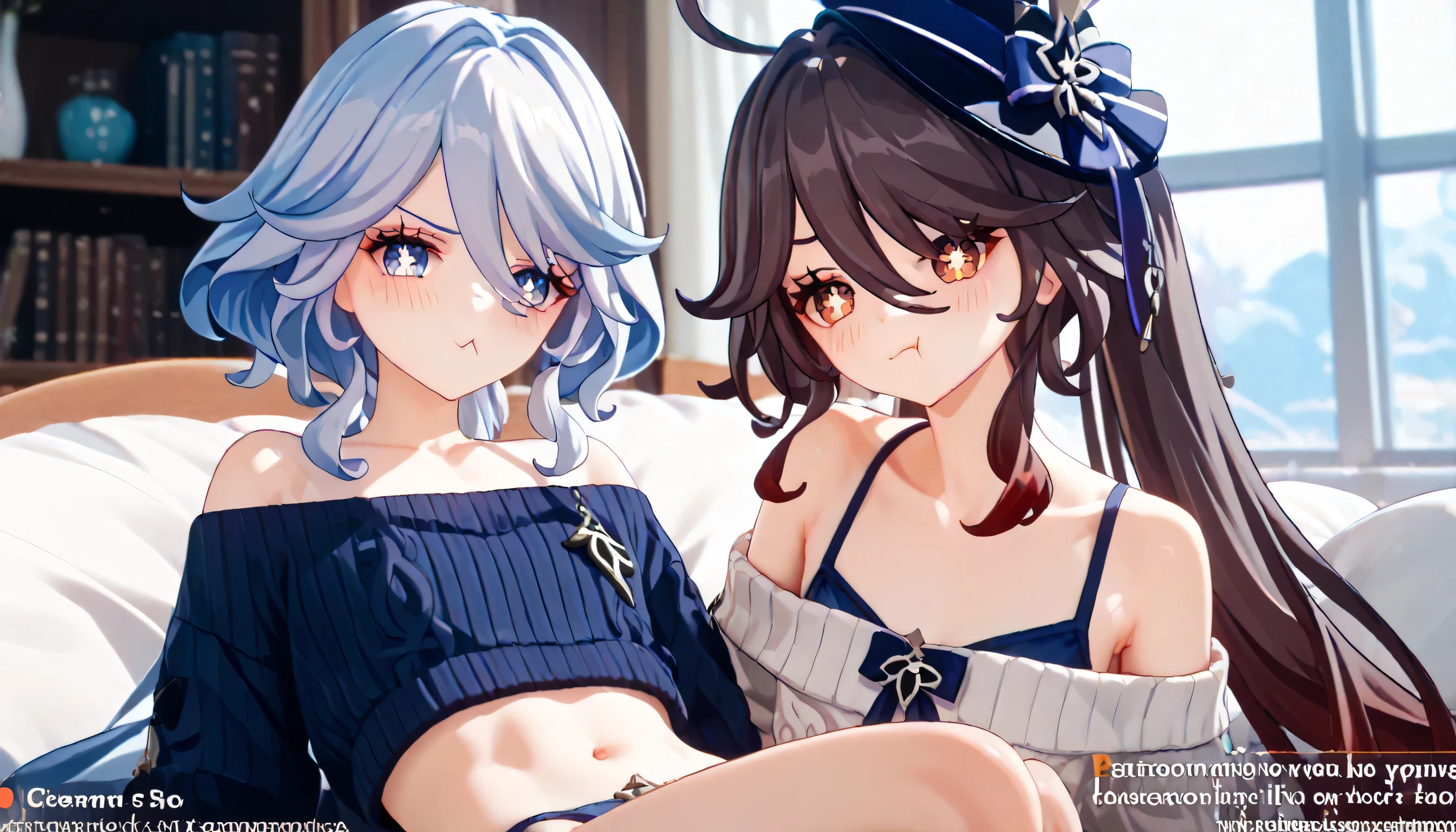 2girls, [[Furina, genshin, blue swimsuit、flat chest,skinny body、 thick thighs、pout,very blush, pout mouth, 黒いショートパンツ、オーバーサイズの白いoff-shoulder sweater]], [[Hu tao, genshin, flat chest, skinny body, 大きめのoff-shoulder sweater、黒いショートパンツ, very grin]]