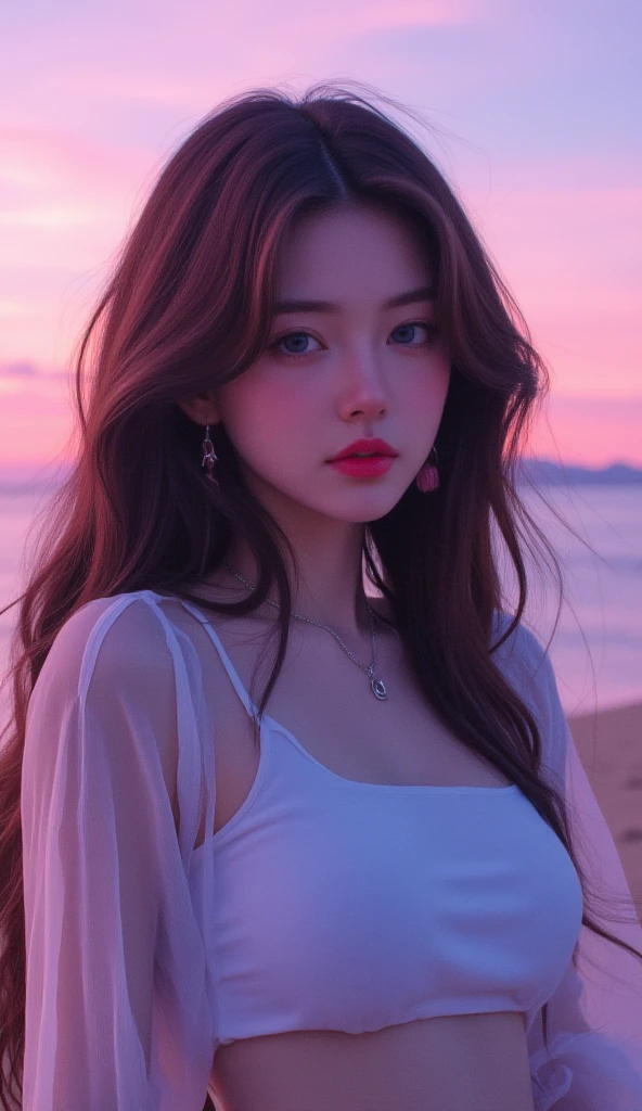 young woman,  colorful theme, synthwave sky,(best quality, high quality, high resolution), realistic, ultra-detailed, highly detailed face features, absurdres,  realistic lighting and reflections, highly detailed face features, see through shirt, best photo,high quality illustration