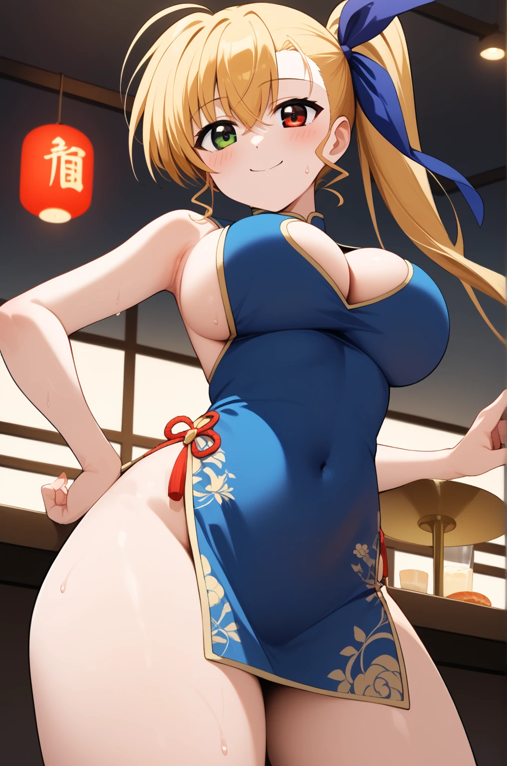 masterpiece,best quality,{{detailed beautiful face and eyes}},
Vivio,{{{megami magazine}}},long hair,blonde hair,ahoge,side ponytail,hair ribbon,heterochromia,grenn eyes,red eyes,large breasts,
((bare shoulders,light blue china dress,light blue chinese clothes,light blue short dress,cleavage cutout,sideboob,thighs)),
1woman,panty shot,(is smile,big blush,looking at viewer:1.0),sweat,
((cowboy shot,from below:1.2)),
(China restaurant background:1.0),clothed