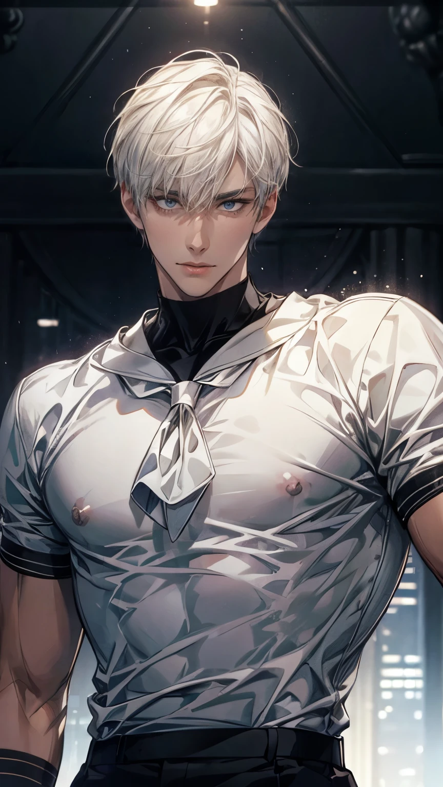 (One beautiful handsome man), (white short hair), bangs, (beautiful eyes), beautiful big eye highlights, Beautiful double eyelids, broadly grinning, pointy nose, Smooth and glowing skin, tongue, white striped half shirt, (sailor collar), black turtle neck inner, muscularity, good hands, Digital painting, 16K, Best quality, ((masterpiece)), ((ultra-detailed)), nsfw, medium shot, anatomically correct, look at us, Nobody's here, Skyscrapers at night