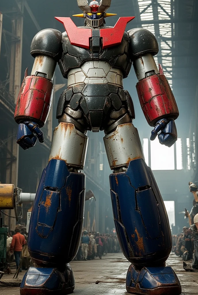  A very realistic version of the Mazinger Z  ,  It stands 38 meters tall ahead  .  Constructed of modern materials such as steel  ,  Carbon Fiber  ,  Other industrial elements are also visible  ,  just like the real thing  , Beautiful appearance, bolt,  realistic texture  , The cleaned exterior 、 shows some signs of wear  .  Modern electronic components and iconic features such as the chest plate and head、It has been carefully recreated and is set in an industrial environment of a super giant repair shop ,  Masinger Z standing around  ,  are illuminated by natural light  、  A huge structure highlighted by realistic shadows  　Grendizer 