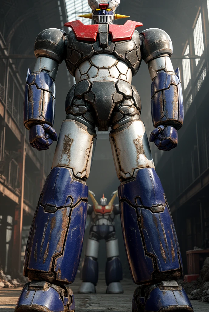  A very realistic version of the Mazinger Z  ,  It stands 38 meters tall ahead  .  Constructed of modern materials such as steel  ,  Carbon Fiber  ,  Other industrial elements are also visible  ,  just like the real thing  , Beautiful appearance, bolt,  realistic texture  , The cleaned exterior 、 shows some signs of wear  .  Modern electronic components and iconic features such as the chest plate and head、It has been carefully recreated and is set in an industrial environment of a super giant repair shop ,  Masinger Z standing around  ,  are illuminated by natural light  、  A huge structure highlighted by realistic shadows  　Grendizer 