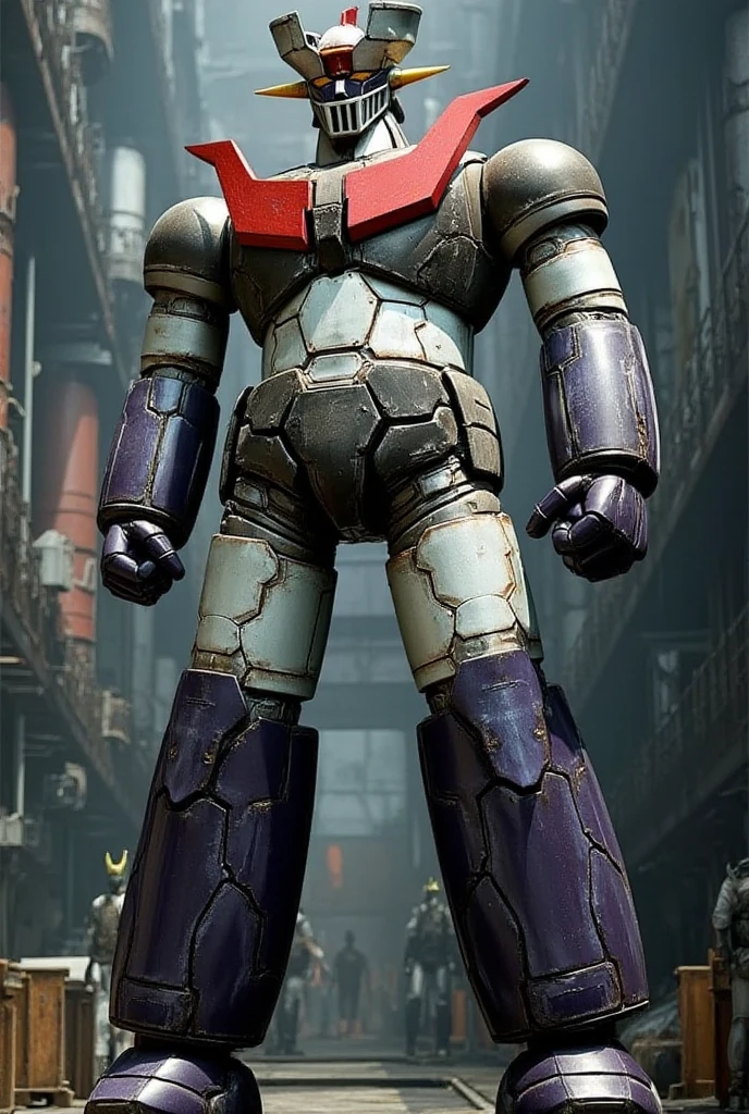  A very realistic version of the Mazinger Z  ,  It stands 38 meters tall ahead  .  Constructed of modern materials such as steel  ,  Carbon Fiber  ,  Other industrial elements are also visible  ,  just like the real thing  , Beautiful appearance, bolt,  realistic texture  , The cleaned exterior 、 shows some signs of wear  .  Modern electronic components and iconic features such as the chest plate and head、It has been carefully recreated and is set in an industrial environment of a super giant repair shop ,  Masinger Z standing around  ,  are illuminated by natural light  、  A huge structure highlighted by realistic shadows  　Grendizer 