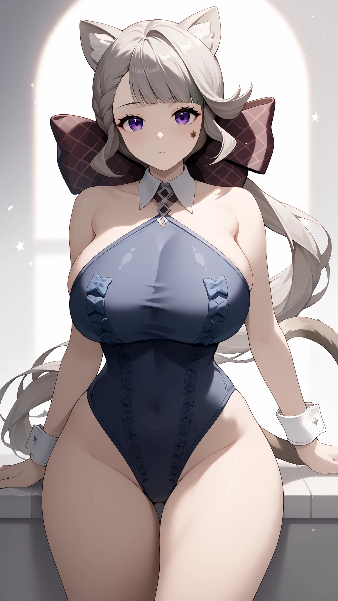 ((((1girl)))), (((cute swimsuit))), ((sexy pose)), (huge breasts, big butt, wide hips), lynettedef, purple eyes, grey hair, long hair, braid, animal ears, animal ear fluff, cat girl, star \(symbol\, hair bow, cat tail, intricate detail, hyper-anime, trending on artstation, 8k, stunning shading, anime, highly detailed, realistic, dramatic lighting, beautiful, animation, sharp focus, award winning, masterpiece, cinematic, dynamic, cinematic lighting, breathtaking, exquisite, great attention to skin and eyes, exceptional, exemplary, unsurpassed, viral, popular, buzzworthy, up-and-coming, emerging, promising, acclaimed, premium, seductive look, 