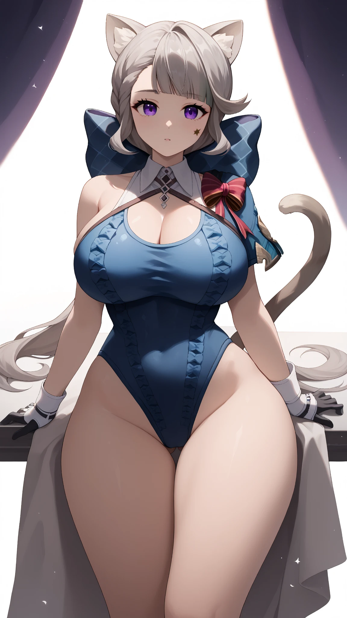 ((((1girl)))), (((cute swimsuit))), ((sexy pose)), (huge breasts, big butt, wide hips), lynettedef, purple eyes, grey hair, long hair, braid, animal ears, animal ear fluff, cat girl, star \(symbol\, hair bow, cat tail, intricate detail, hyper-anime, trending on artstation, 8k, stunning shading, anime, highly detailed, realistic, dramatic lighting, beautiful, animation, sharp focus, award winning, masterpiece, cinematic, dynamic, cinematic lighting, breathtaking, exquisite, great attention to skin and eyes, exceptional, exemplary, unsurpassed, viral, popular, buzzworthy, up-and-coming, emerging, promising, acclaimed, premium, seductive look, 