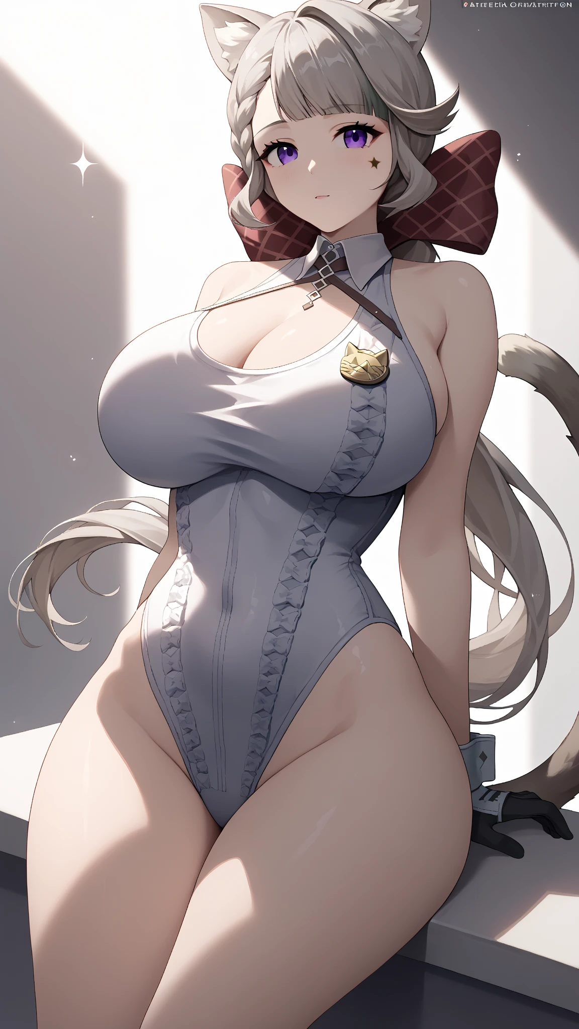 ((((1girl)))), (((cute swimsuit))), ((sexy pose)), (huge breasts, big butt, wide hips), lynettedef, purple eyes, grey hair, long hair, braid, animal ears, animal ear fluff, cat girl, star \(symbol\, hair bow, cat tail, intricate detail, hyper-anime, trending on artstation, 8k, stunning shading, anime, highly detailed, realistic, dramatic lighting, beautiful, animation, sharp focus, award winning, masterpiece, cinematic, dynamic, cinematic lighting, breathtaking, exquisite, great attention to skin and eyes, exceptional, exemplary, unsurpassed, viral, popular, buzzworthy, up-and-coming, emerging, promising, acclaimed, premium, seductive look, 