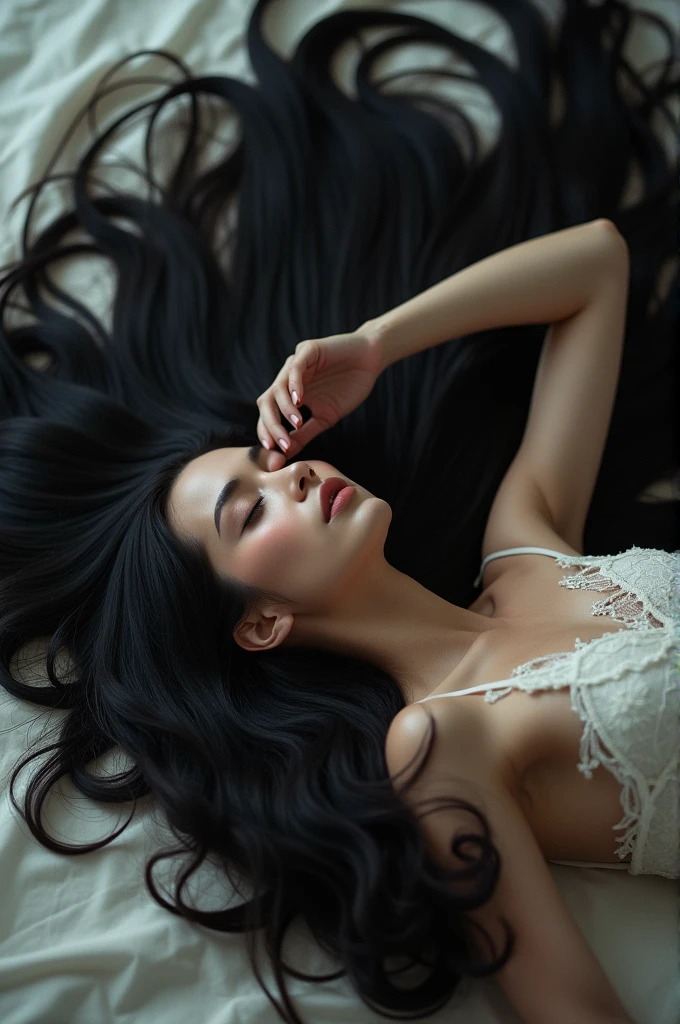 （Top image quality、top-quality、Top resolution、hyper realistic photography、Full body photo、​masterpiece、）1 girl、Very long black hair、Image full of black hair、The length of the ultra-long hair that I have grown for many years is about 3 meters、Place on bed、White underwear or naked、Long black hair hides the whole body、An image with only black hair and a black face、Facing backwards、Long black hair flows from the bed to the floor、Images with mostly long black hair、I despise girls with short hair、I shampoo every day without fail.、Very long black hair is my only  appeal、My attraction is、Long black hair is a symbol of beauty、My pride is very long black hair、 My very long black hair is spread out in a fan shape、Facing backwards、Sleeping face down、Silky rich black hair flowing down from the shoulders to the floor、