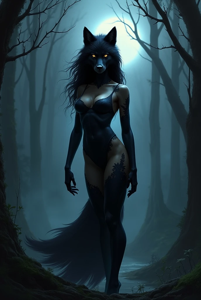 In the heart of the dense, moonlit forest, a shadowy figure prowled silently. Its hulking form moved with a predatory grace, muscles rippling under a coat of matted fur. Eyes glowed an eerie, malevolent red, piercing through the darkness like burning embers. A low growl rumbled from its chest, sending shivers down the spine of any who dared to listen. The air was thick with the scent of decay, as the creature's breath steamed in the cool night air. With claws sharp as daggers and teeth that gleamed like ivory, it was a nightmarish specter, hunting under the cover of darkness