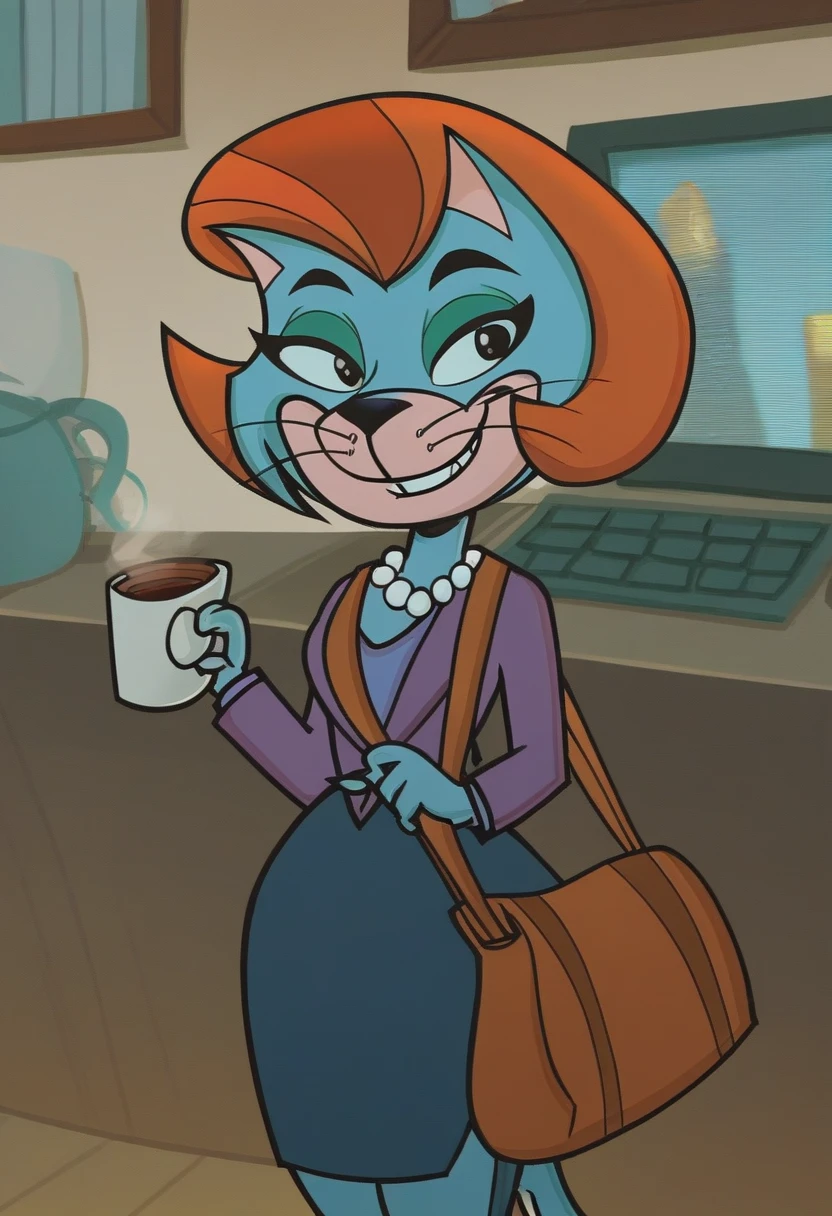 score_7_up, score_8_up, score_9, 2d, cartoon, 
trixie-topcat, catgirl, anthro cat, blue fur, orange brown hair, black eyes, pearl necklace, green eyeshadow,
smiling, looking at viewer, fully body view, brown shoulderbag, holding coffee, office