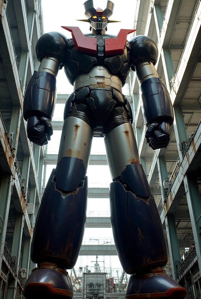    A very realistic version of the Mazinger Z  ,  It stands 38 meters tall ahead  .   Constructed of modern materials such as steel  ,   Carbon Fiber  ,   Other industrial elements are also visible  ,   just like the real thing  , Beautiful appearance, bolt,   realistic texture  , The cleaned exterior 、 shows some signs of wear  .   Modern electronic components and iconic features such as the chest plate and head、 has been carefully reproduced .  It is set in an industrial environment of a modern mega-facility repair shop ,   Masinger Z standing around  ,   are illuminated by natural light  、  A huge structure highlighted by realistic shadows  . 