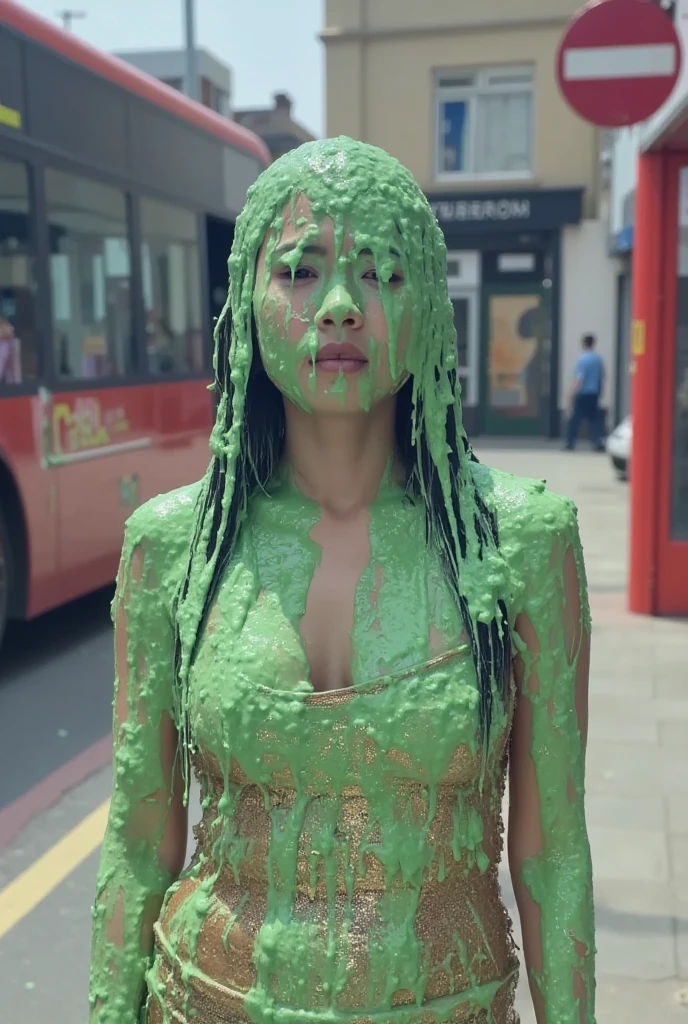 (raw photo:1.2), (photorealistic:1.4), huge file size, super detailed, high resolution, very detailed, best quality, masterpiece, very detailed, 8k wallpaper, amazing, Fine details, masterpiece, best quality, (Dua_Lipa: 1.3), covered in slime, wet slime dripping, extreme realism, inside game show studio, beautiful face, delicate eyes, long eyelashes, winged eyeliner, black tank top, cleavage, slime, slime dripping, (slime on face, slime on hair, slime on head: 1.1), (Dua Lipa: 1.1), dripping green goo, goo on face, goo on hair
