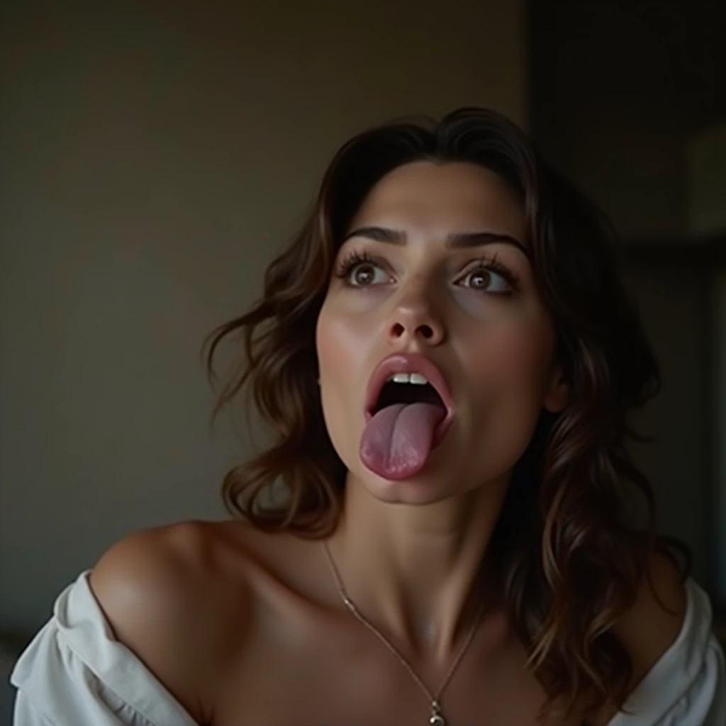 一人のwomanの画像,、Face close-up、Smooth Skin、masterpiece、Highest quality、8K Photo、((close your eyes and open your mouth slightly))、close your eyes、Suffering face、woman, 、Girl、movie theatre、薄暗いmovie theatre客席、Dark auditorium((hyper realistic detail shiny skin,pores))((profile、movie theatre,Sitting in the audience,Sitting next to the viewer,Dark hall、Dark Background)),((very intense orgasm,frown,hyper realistic detail shiny skin))((Old male audience))tongue out, tongue, traces of saliva,, Ahegao, long tongue,((super wet skin))