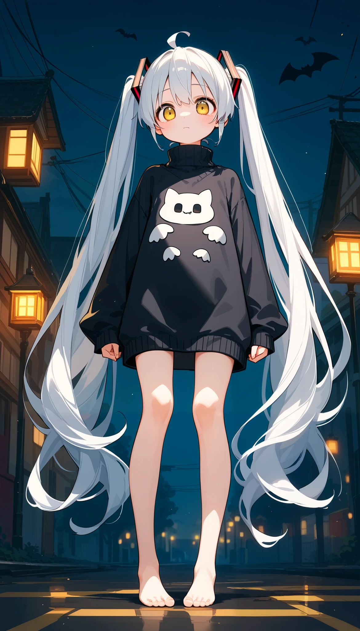 (((Solo Girl))) ( 1 girl) , full body shot , shooting from below , RAW photo , (()) , (( long hair )), Long white hair, very long straight hair, shortバング, アルビノの white skin, pale yellow eyes like Halloween , リアルな肌の質感を持つ beautiful若い女性 , , On my knees, twin tails , Hatsune Miku , On my knees, Oversized Knitted Sweater , plain knitted sweater、 turtleneck、(red:0.8), Softcore, Warm lighting , cozy atmosphere , Naive, shy, short, thin, fit, beautiful, cute, white skin,
