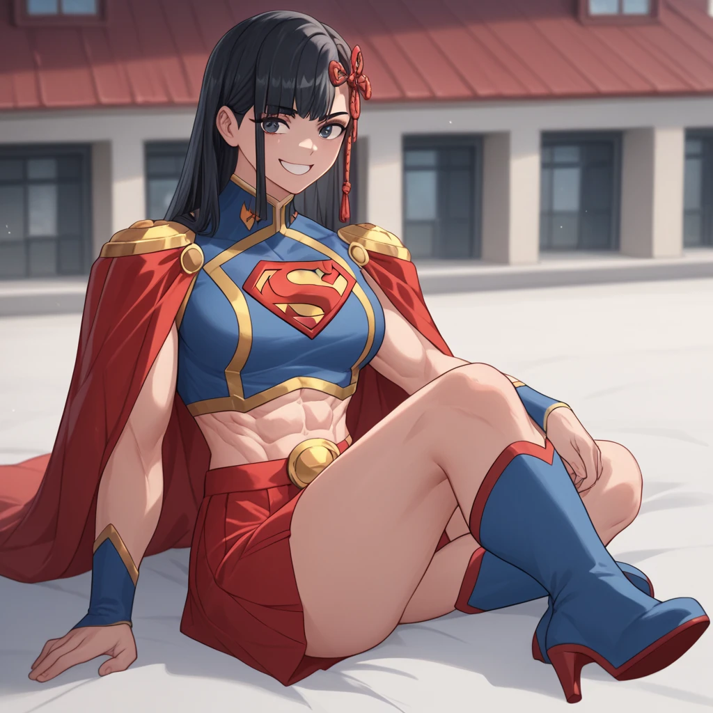 ren yamashiro wear supergirl costume，black hair，huge breast，abs，very detailed，full body，red skirt，red short high  heel boots ，smile，red cape，Concept art of a smug Supergirl welcoming the adoration of her fans. A crowd of amazed onlookers gawk at her. Blue skater satin skirt with pointed golden waistband. Delicate, feminine face. Her costume has a satin sheen. She wears a majestic red cape. Blue shirt with a prominent 'S' emblem over her chest. Her MIDRIFF with toned abs is showing. 1 princess baby face, It's pretty and cute,pretty, shoes, house ,bed, full shot, Turn around and look at my butt, lying down, lying down,kneel and sit ,full photo