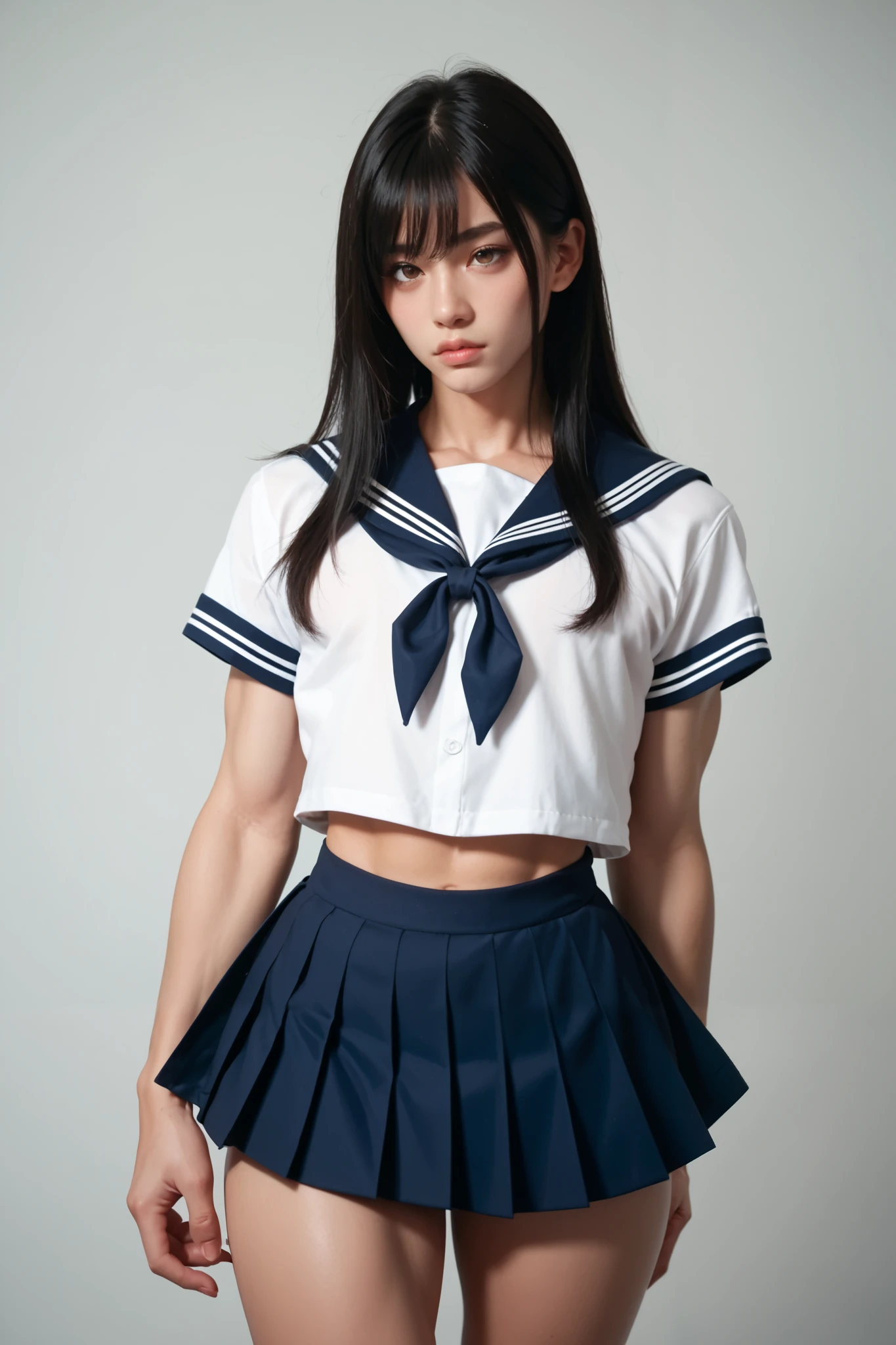  femboy, trap,  one boy , Male physique, Male,   tall ,   facing the front,  standing,  good style ,curvilinear,  skirt, Rin々 with dark eyes, Long black hair,   Wide Hips,  high school girl uniform 