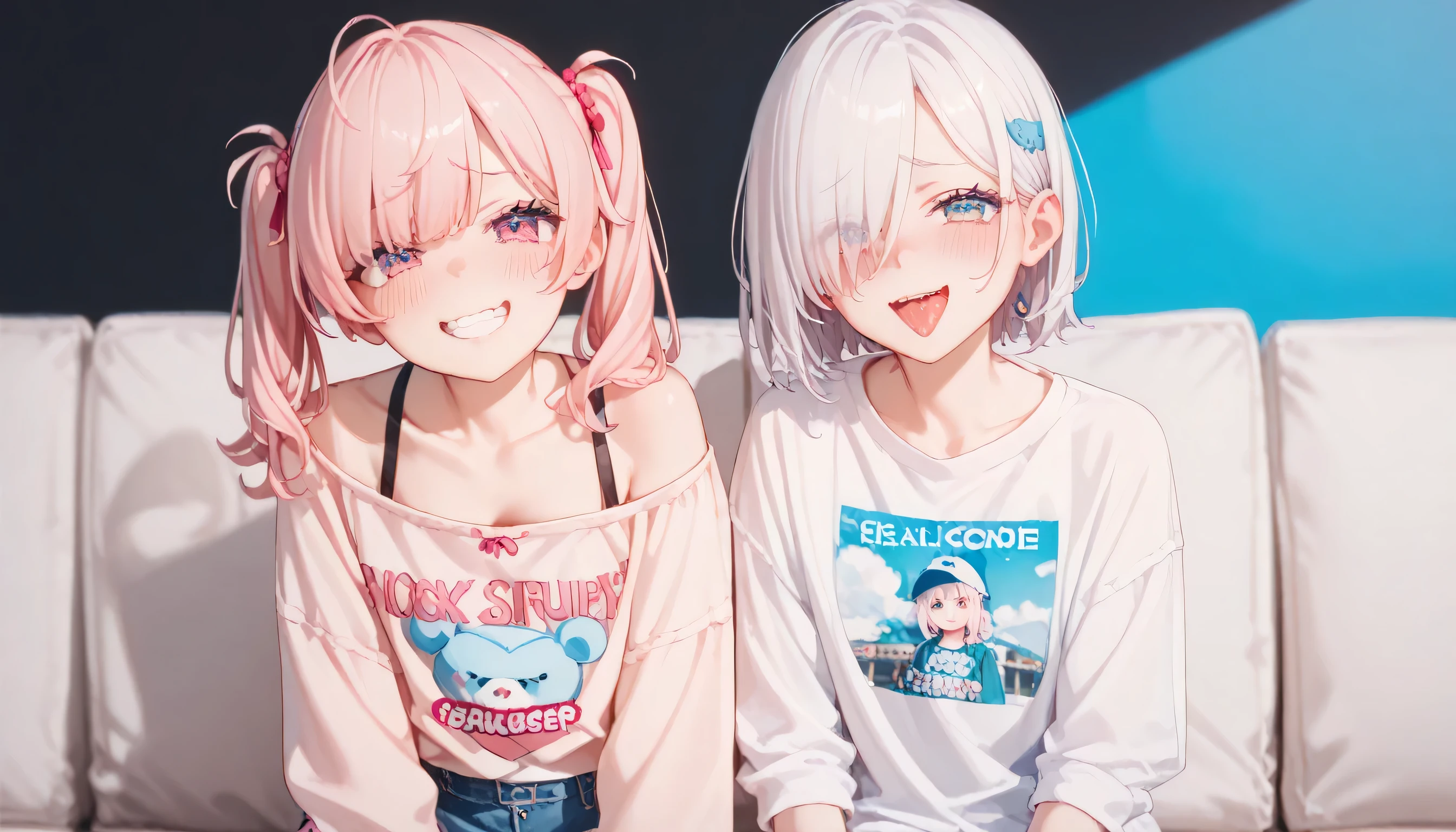 2girls, [[[((Girl with protruding ribs: 1.4), (Flat breasts: 1.3), (Skinny body: 1.3), blush, thick eyes, white hair, half twin, hair above one eye, disheveled hair, pastel clothes, ((large clothes)), shy,  , ((hooded and long-sleeved clothing:1.6))、(( Shorts :1.3)), Moe sleeves, wavy mouth, shy, open her mouth, hermaphrodite, ((Male genitalia growing out of his crotch)), (Ejaculate:1.3), shaved pussy]]], [[[Big breasted girl, tongue, off shoulder, smug, grin,  short skirt , Mean Eyes,  pink nails,  pink hair,  Twin Tails]]]