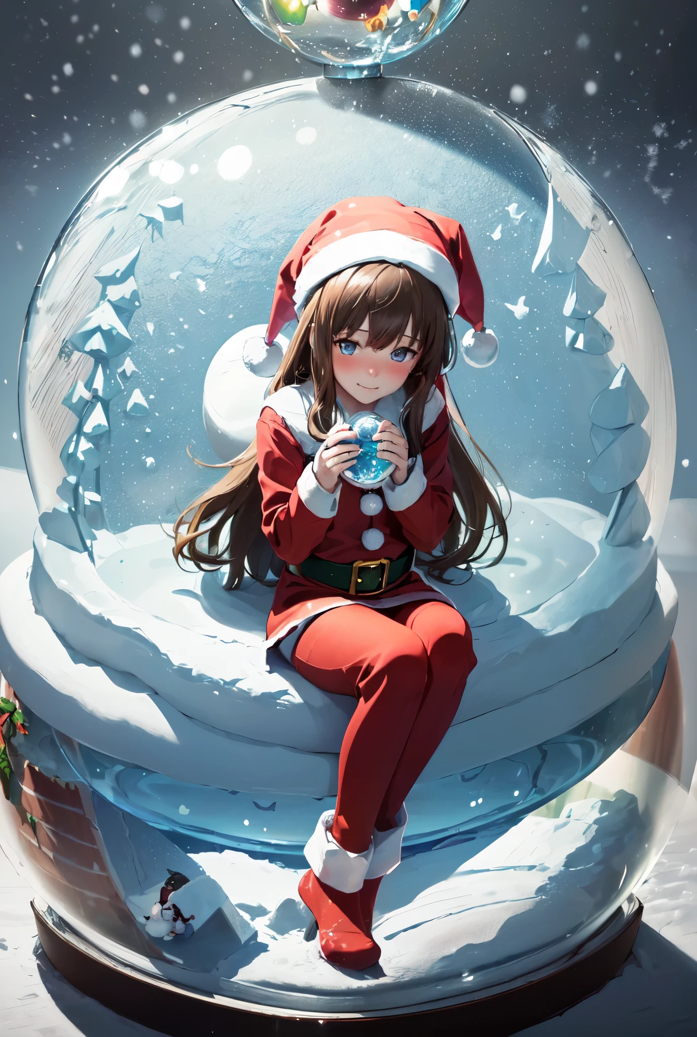 1girl,(((beautiful expression))),17yo, (((extremely cute))),beautiful face, beautiful detailed eyes, glowing blue eyes, beautiful detailed hair, (brown-hair), (long hair), beautiful detailed skin,shy smile, (((nose blush: 1.2))),(((full body))), BREAK,(((the girl is sitting inside a snow globe:1.7)))(((slender body))),(((Santa Claus costume:1.3))), BREAK,(((masterpiece))),(((best quality: 1.3))),(((ultra-high-resolution illustrations: 1.5))), ((anime screencap:1.3))), soft glowing light, (((dramatic shadows:1.2))), (((high brightness: 1.2))), (((high contrast:1.2))), glowing highlights, wallpaper, ultra high res, absurdres, ultra detailed, vivid colors, 4k, 8k, ultra detailed