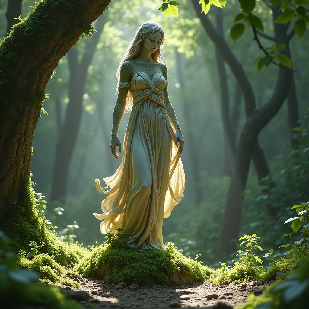 Draw a MARBLE STATUE PAINTED IN GOLD, BUT ALREADY peeling through time, REPRESENTING porn actress Ava Taylor ((without glasses)) like a goddess thief of adventures. In the background, a forest bathed in sunlight. 8k. realisitic