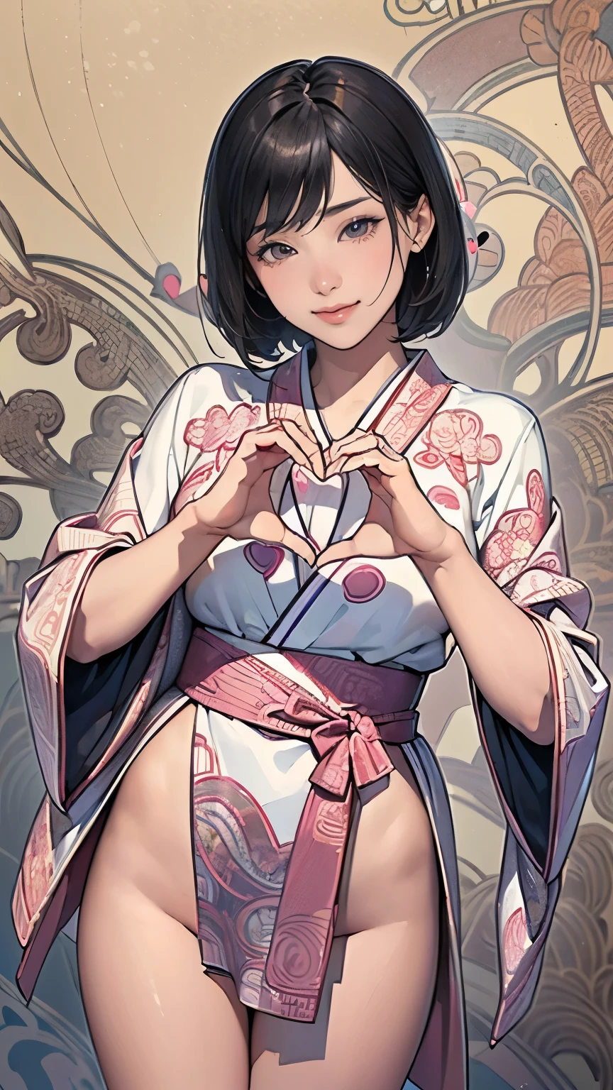 (masterpiece:1.2,  top quality , high res, very detailed),8k, wallpaper, young girl，Baby Face， short， toddler figure ， flat chest，1 person,((( ray tracing))),女の子1 person, Woman Standing ,Thighs,Front,look at me,((smile)), beautiful kimono ,Cute loincloth ,((( intricate designs and patterns inspired by Asian art))),((( Beautiful female hands , detailed hands ))),(((Heart Hands:1.5))),((( intricate designs and patterns inspired by Asian art)))