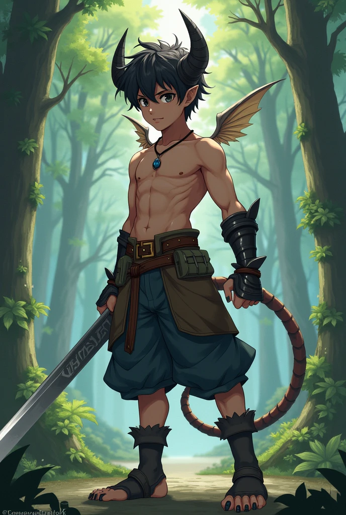 Skinny muscular dark-skinned boy with brown hair with brown eyes and deep dark katana dragon wings with a sword on his back wearing violet pants and black shoes