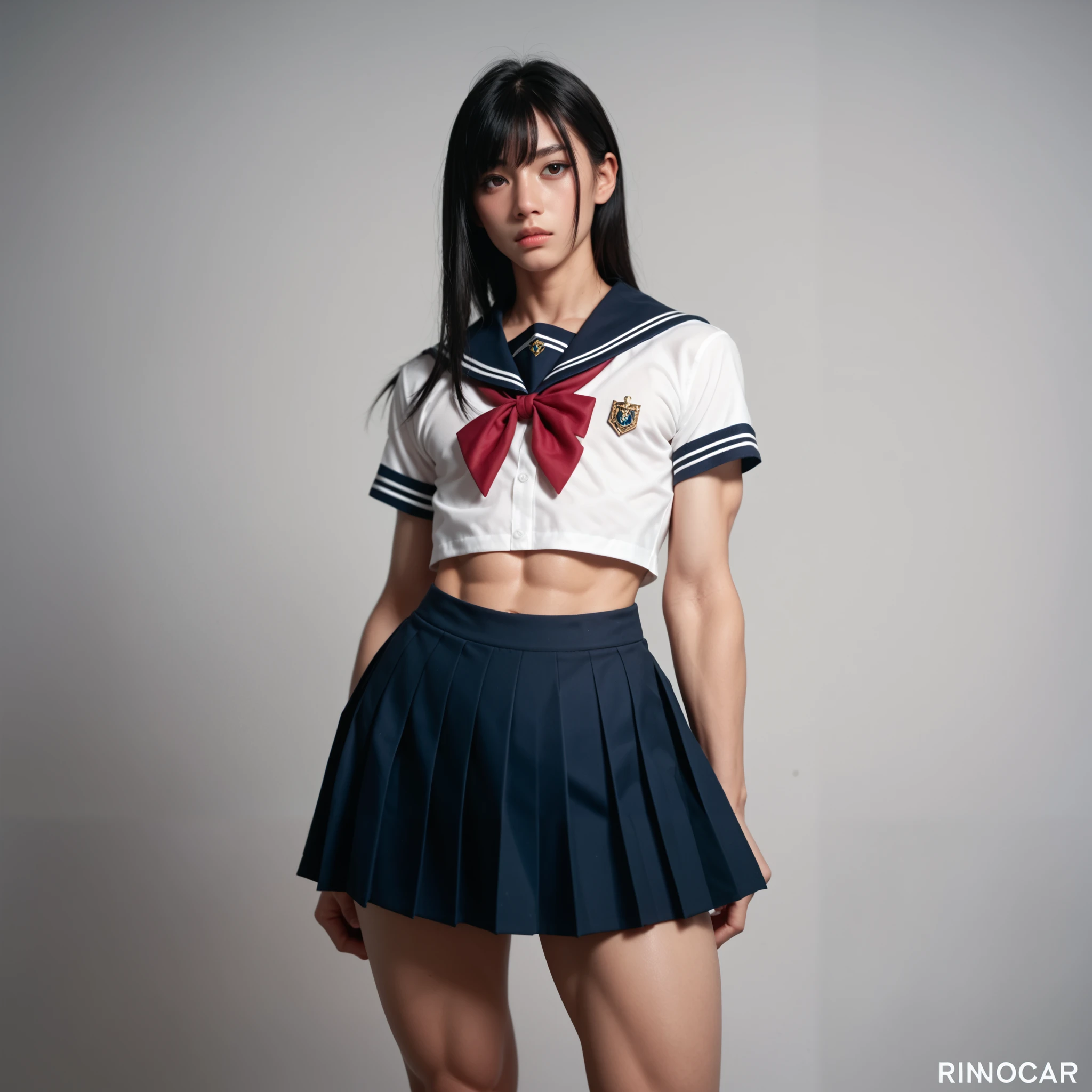  femboy, trap,  one boy , Male physique, Male,   tall ,   facing the front,  standing,  good style ,curvilinear,  skirt, Rin々 with dark eyes, Long black hair,   Wide Hips,  high school girl uniform 